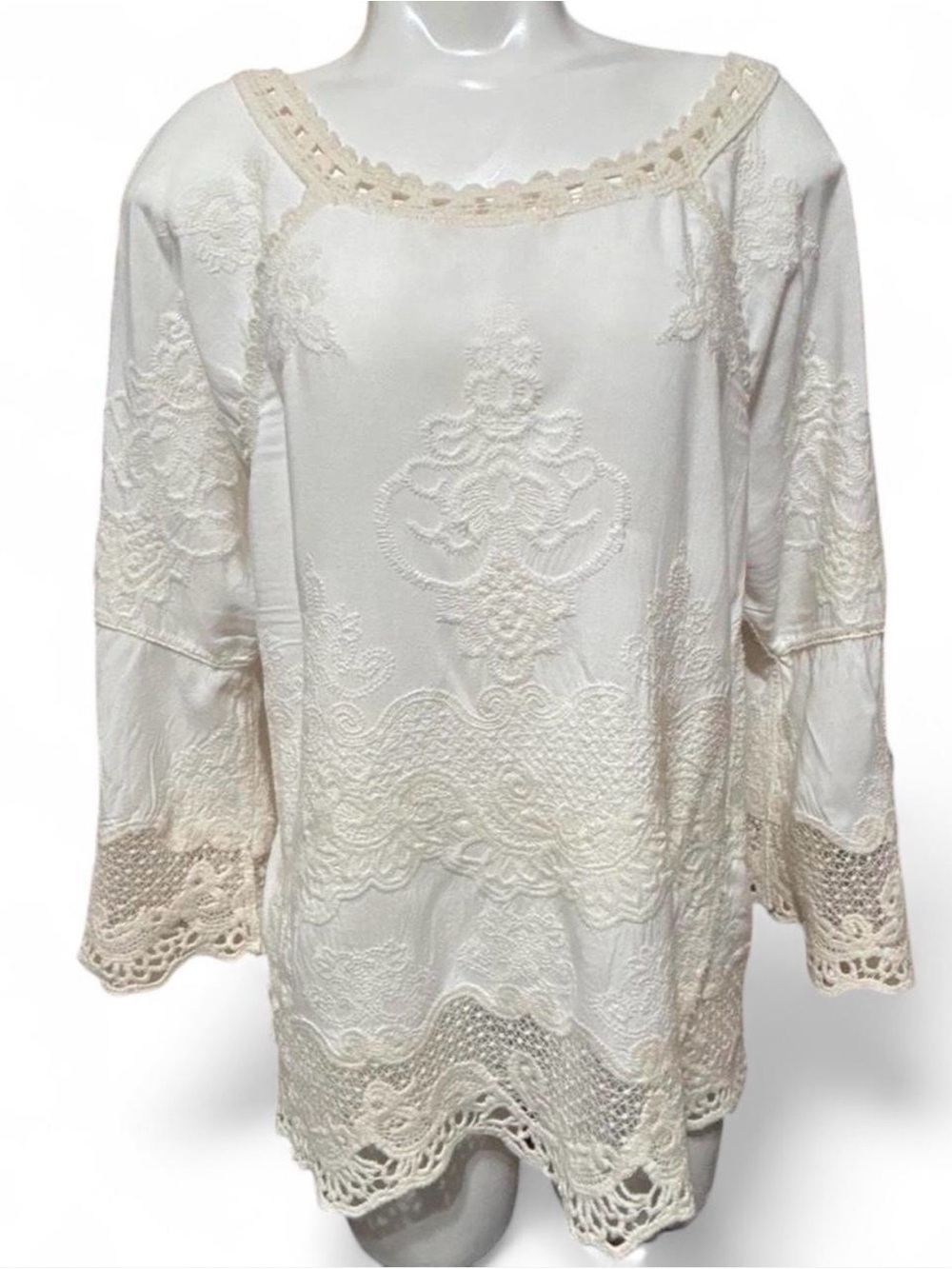 Democracy Cream Lace Embroidered Boho Tunic Blouse Bell Sleeve Size S boho